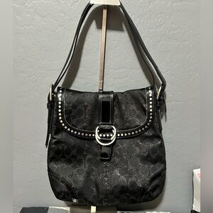 Coach Black Logo Jacquard Shoulder Bag with Studded Flap